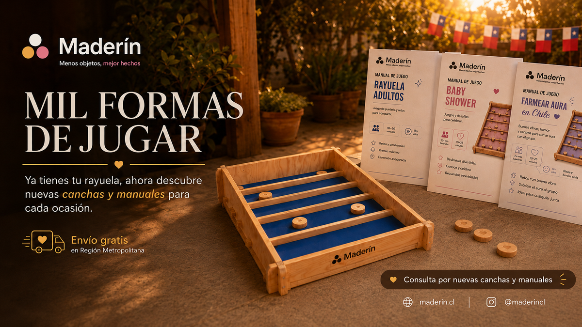 Mesa servida con tablas y piezas de madera Maderín para celebrar el 18